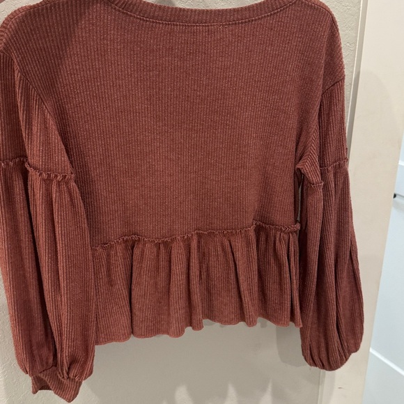 Altar'd State Rust Ribbed Ruffle Long Sleeve Top - Picture 4 of 4